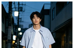 Oversized Striped Short-Sleeve Shirt with Pocket