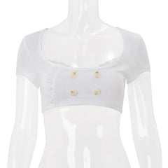 Short-Sleeve Scoop Neck Double Breasted Plain Crop Top