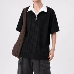 Mock Two-Piece Short-Sleeve Contrast Collar Half-Zip Polo Shirt
