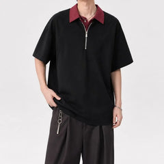 Short-Sleeve Contrast Collar Half-Zip Polo Shirt