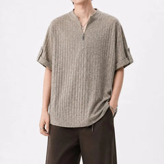 Short-Sleeve Plain Ribbed Half-Zip T-Shirt