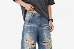 Mid Rise Washed Distressed Wide Leg Jeans