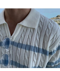Short-Sleeve Collared Cable Knit Striped Knit Top