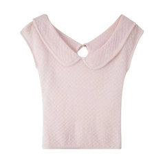 Cap-Sleeve V-Neck Collared Plain Knit Top