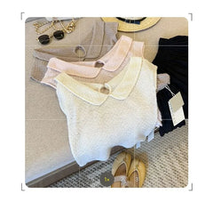 Cap-Sleeve V-Neck Collared Plain Knit Top