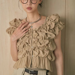 Short-Sleeve Scoop Neck Plain Ruched Blouse