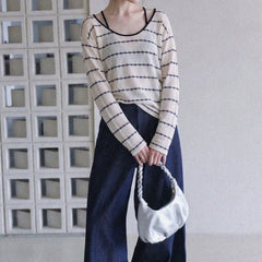 Set: Long-Sleeve Striped Top + Halter Neck Crop Top