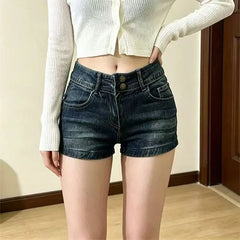 Mid Waist Washed Denim Shorts