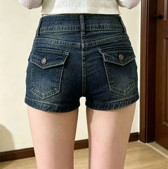 Mid Waist Washed Denim Shorts
