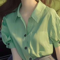 Puff Short-Sleeve Collared Plain Button Up Blouse