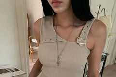 Sleeveless V-Neck Plain Buckled Asymmetrical Top