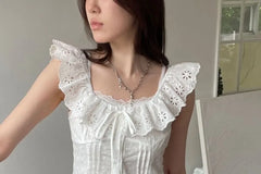 Short-Sleeve Off Shoulder Embroidered Mock Two Piece Blouse