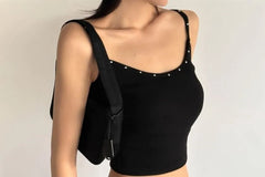 Spaghetti Strap Scoop Neck Studded Plain Crop Camisole Top