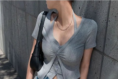 Set: Halter Neck Plain Crop Camisole Top + Short-Sleeve V-Neck Button Top