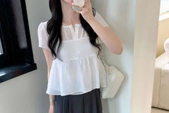 Short-Sleeve Notch Neck Plain Flowy Blouse