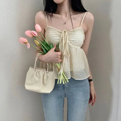 Spaghetti Strap Tie-Front Ruched See-Through Mesh Crop Cami Top