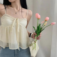 Spaghetti Strap Tie-Front Ruched See-Through Mesh Crop Cami Top