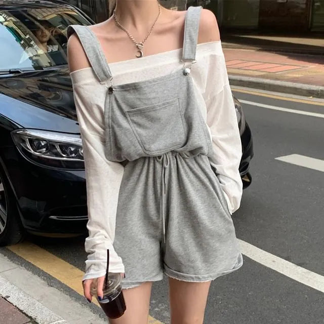 Long-Sleeve Boatneck Top / Drawcord-Waist Romper