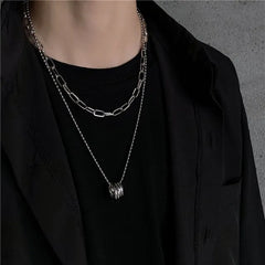 Set of 2: Stacked Ring Pendant Ball Chain Necklace + Paperclip Chain  Necklace