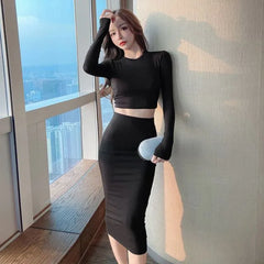 Set: Long-Sleeve Cropped T-Shirt + High Waist Midi Pencil Skirt