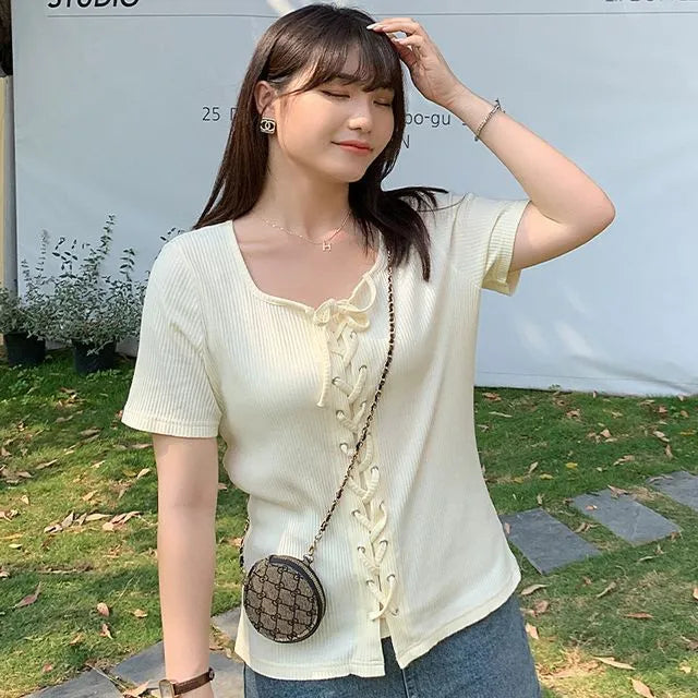 Short-Sleeve U-Neck Tie-Accent
 Knit Top