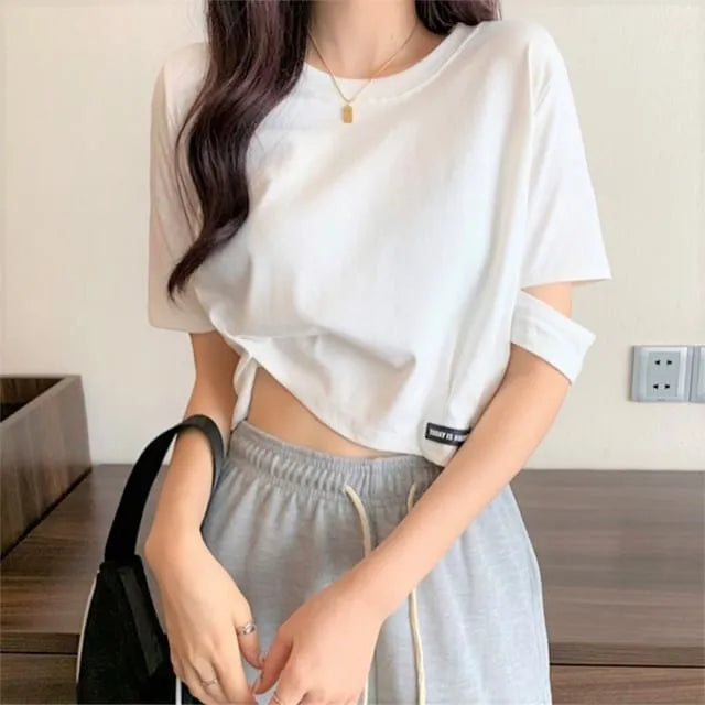 Short-Sleeve Cutout Cropped T-Shirt