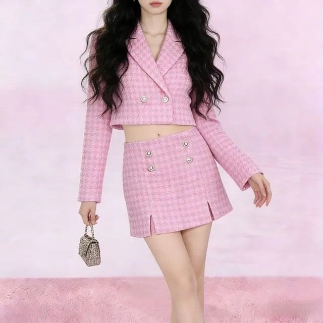 Double Breasted Houndstooth Blazer / Mid Rise Skort