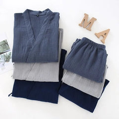 Pajama Set: Elbow-Sleeve Plain Kimono Top + Elastic Waist Pants