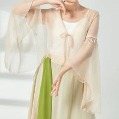 Bell-Sleeve Beaded Fringe Tie-Front Sheer Dance Jacket