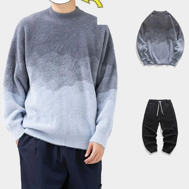 Crew Neck Gradient Sweater / Drawstring Waist Plain Harem Pants