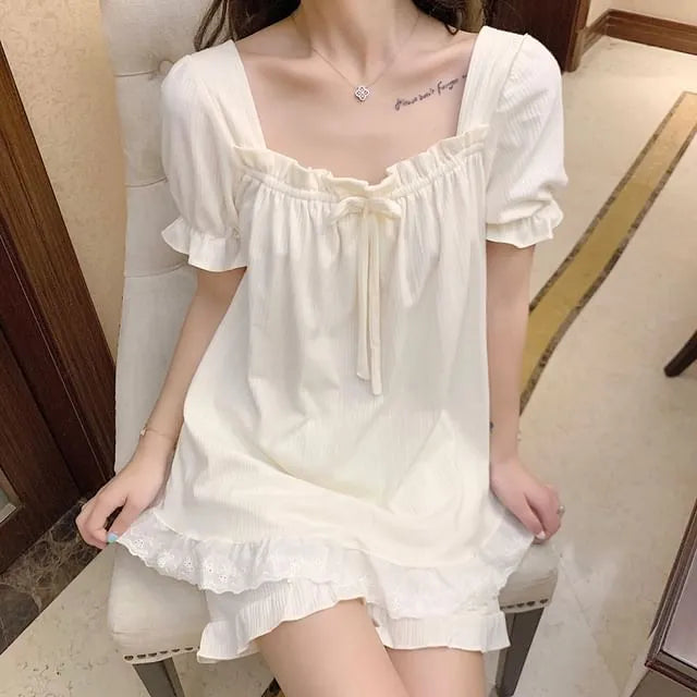 Pajama Set: Short-Sleeve Square Neck Lace Trim Top + Shorts
