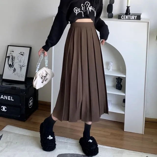 High Waist Pleated Midi A-Line Skirt