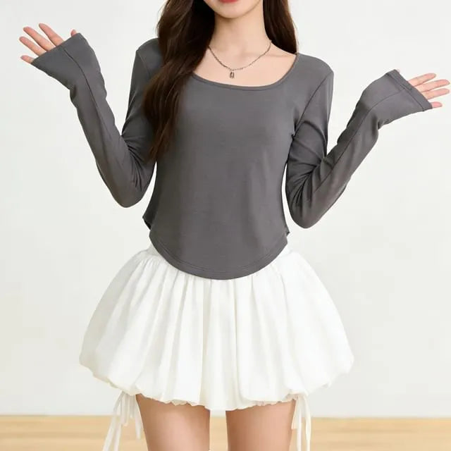 Long-Sleeve Scoop Neck Plain T-Shirt