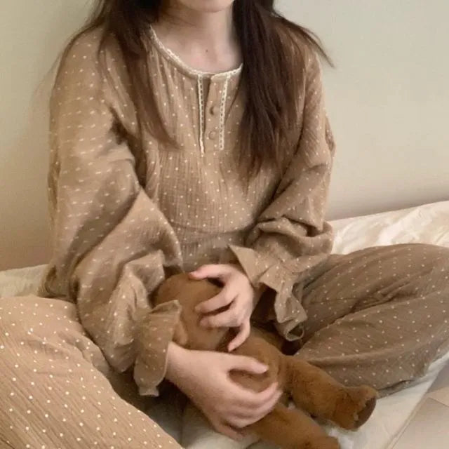 Pajama Set: Long-Sleeve Dotted Top + Pants