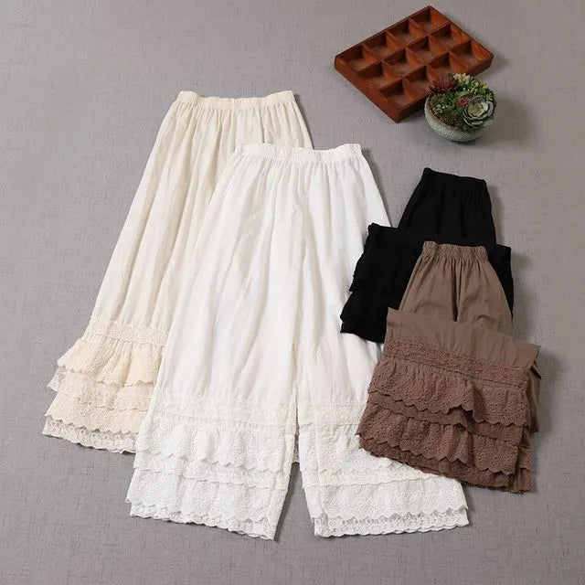 Elastic Waist Lace Panel Cropped Wide Leg Pants