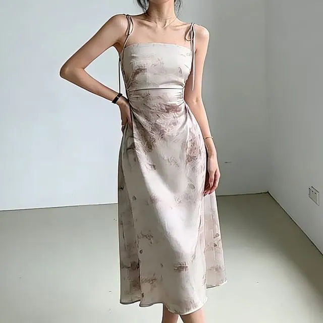 Spaghetti Strap Satin Midi A-Line Dress