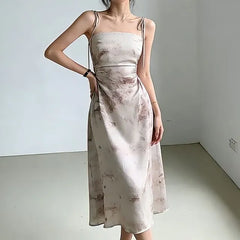 Spaghetti Strap Satin Midi A-Line Dress