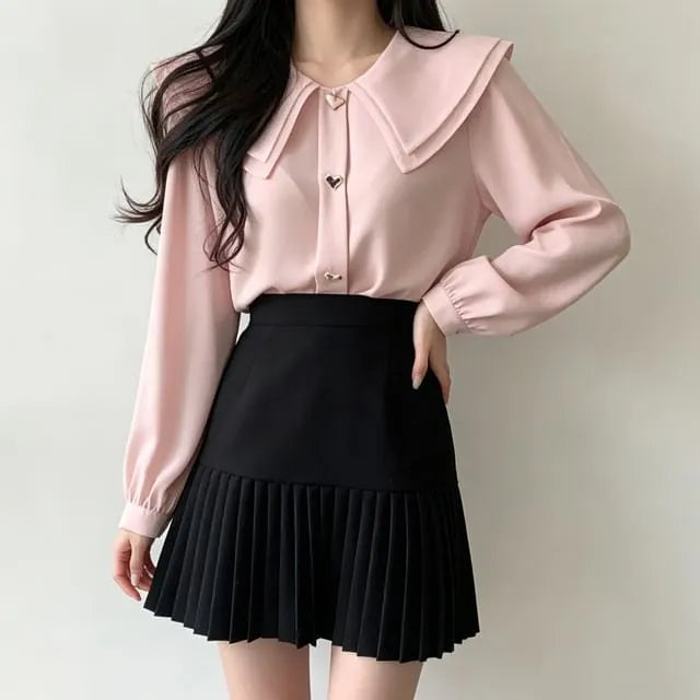 Long-Sleeve Layered Collar Plain Heart Button Blouse / High Waist Plain Accordion Pleated Mini A-Line Skirt