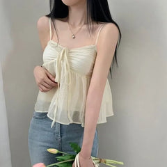 Spaghetti Strap Tie-Front Ruched See-Through Mesh Crop Cami Top