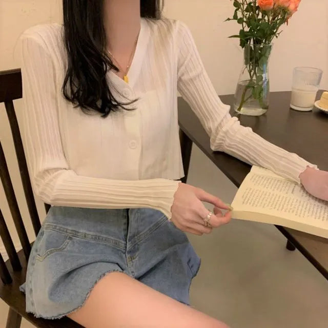 V-Neck Plain Cropped Cardigan