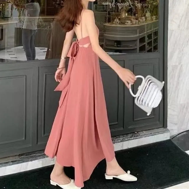 Spaghetti Strap Plain Bow Back Midi A-Line Dress