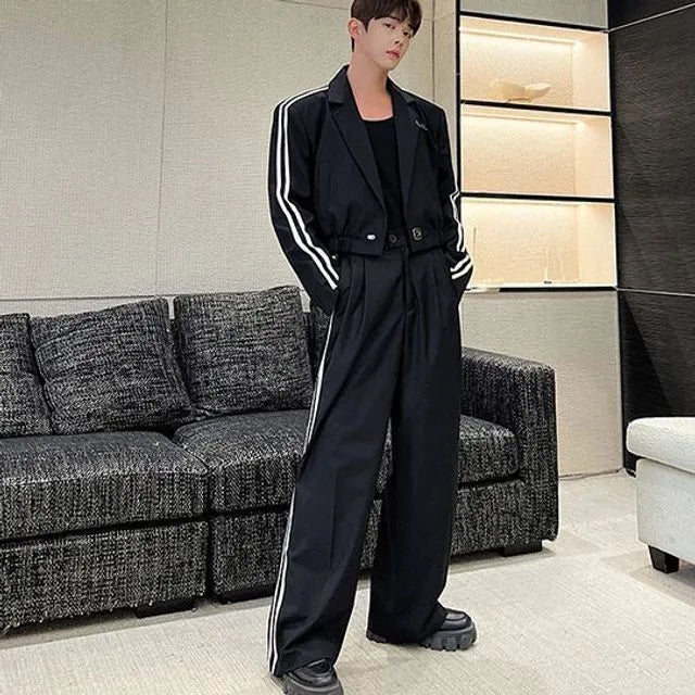 Set: Lapel Collar Striped Button Blazer + Mid Rise Wide Leg Pants