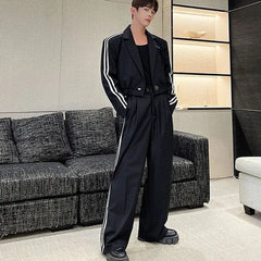 Set: Lapel Collar Striped Button Blazer + Mid Rise Wide Leg Pants