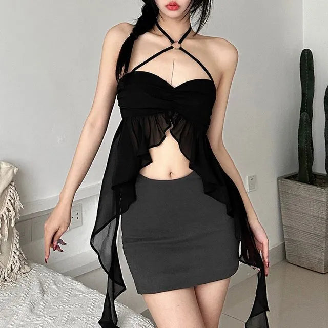 Halter Neck Plain Ruffled Asymmetrical Hem Crop Camisole Top