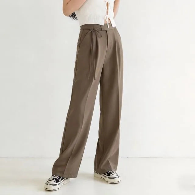 High-Waist Plain Self-Tie Wide-Leg Suit Pants
