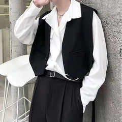V-Neck Plain Crop Open Front Vest / Long-Sleeve Collared Plain Shirt