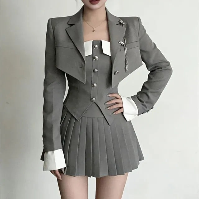 Strapless Two-Tone Buttoned Tube Top / High Waist Pleated Mini A-Line Skirt / Double-Breasted Chained Crop Blazer / Set