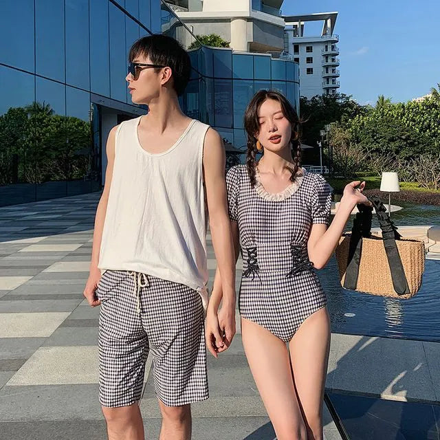 Couple Matching Short-Sleeve Plaid Swimsuit / Beach Shorts