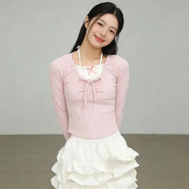 Long-Sleeve Plain Balletcore Crop Top / Mid Rise Tiered Mini A-Line Skirt