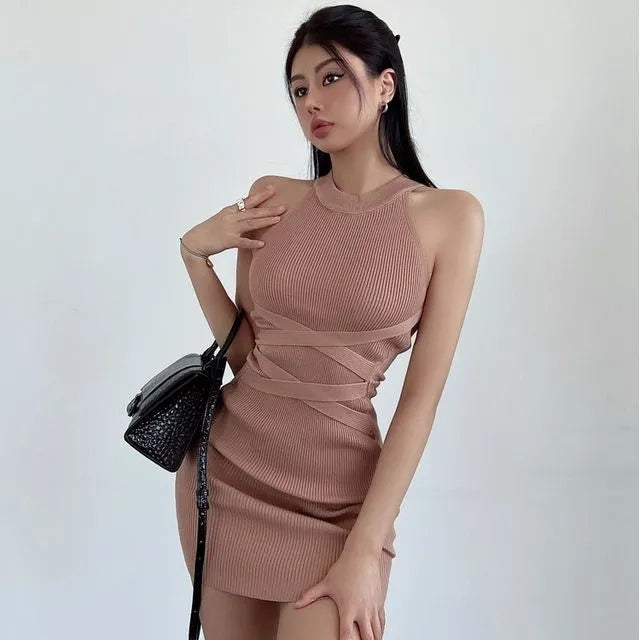Halter Plain Mini Bodycon Knit Dress